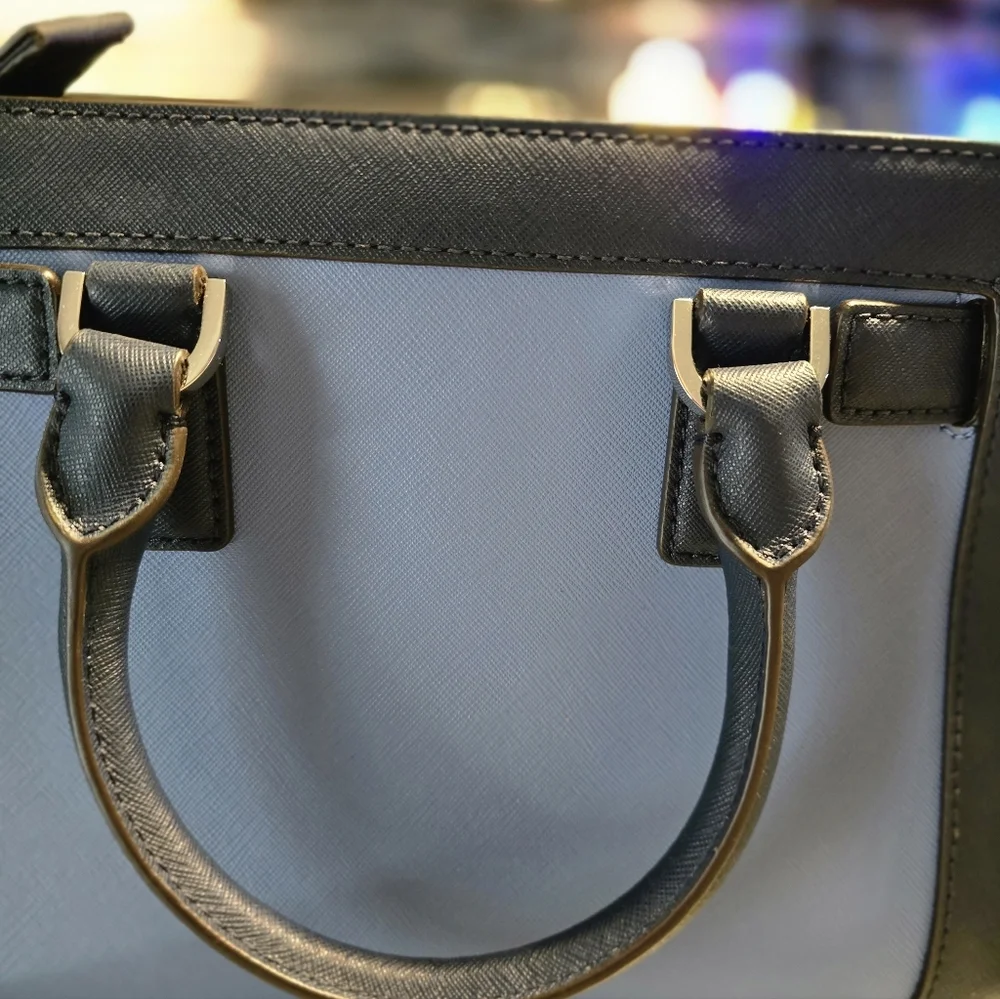 Michael Kors Striped Saffiano Leather Satchel in Navy, Light Blue & White